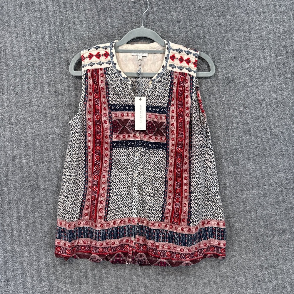 Lucky Brand Blouse Womens Small Red Mixed Print Sleeveless Flowy Boho NEW